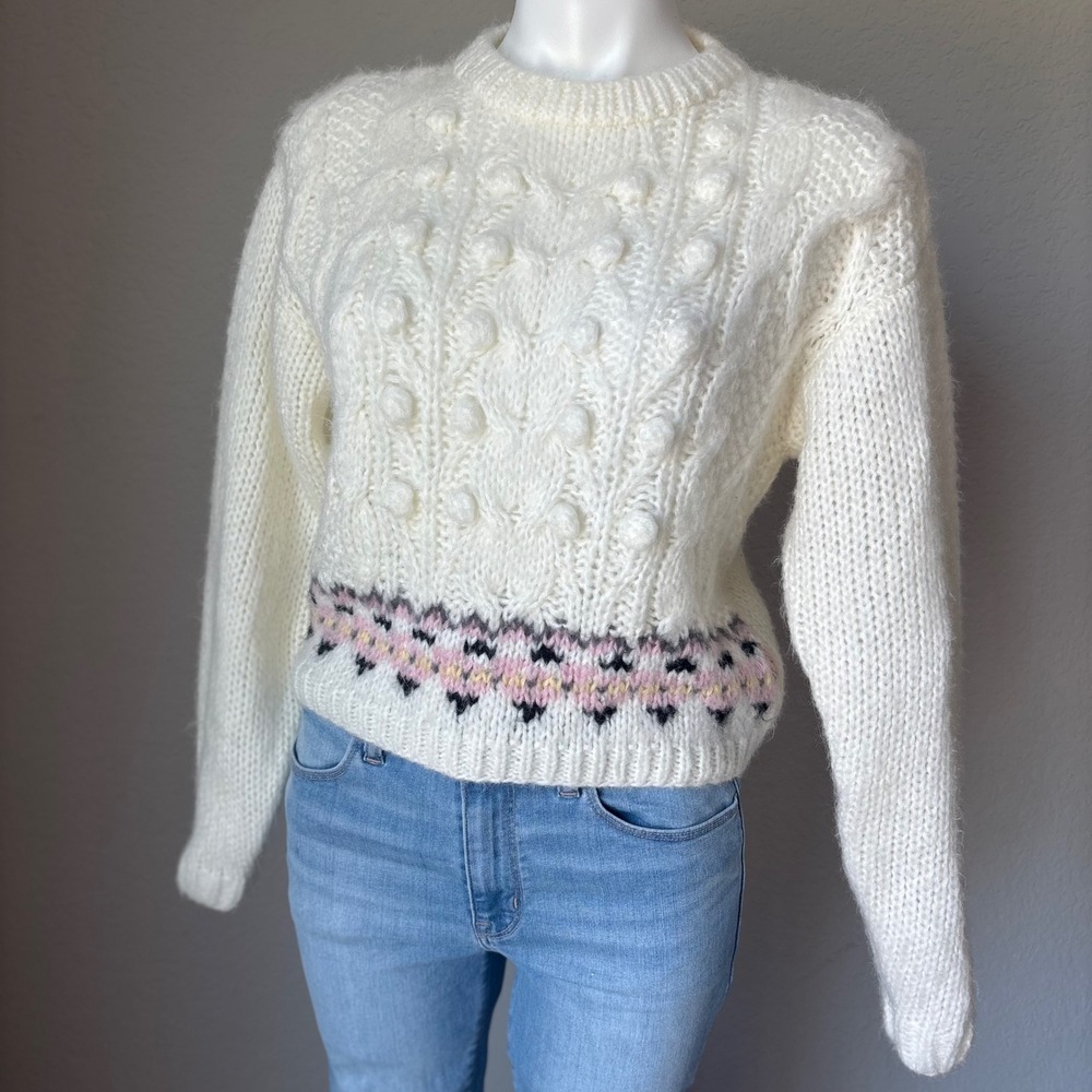 Vintage Evian II Women's Medium Hand-Knit Cable Knit Pom Pom Sweater Cottagecore